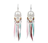 Fabrication Nettoyeur Perles Bijoux d'oreilles longues plumes creuses vintage à la mode bien avec des d'oreilles pompon perlées de riz colorées Boho Moules Accessoires Perceuse (Silver, One Size)