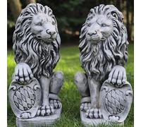 FABRIQ Paire de grands lions avec boucliers, grand lion avec armes, gauche et droite, 54 cm, 84 kg, figurine massive, résistante aux intempéries, pour l'extérieur, résistante au gel, sculpture