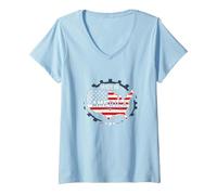 Fabriqué en Amérique, Drapeau Patriotique américain, Carte Industrielle T-Shirt avec Col en V, Femme, Bleu Céleste, XXL