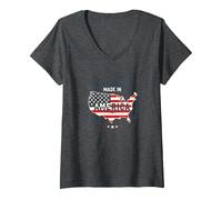 Fabriqué en Amérique, Drapeau Patriotique américain, Carte Industrielle T-Shirt avec Col en V, Femme, Chiné Foncé, XXL