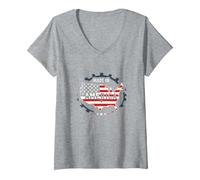 Fabriqué en Amérique, Drapeau Patriotique américain, Carte Industrielle T-Shirt avec Col en V, Femme, Gris Chiné, XXL