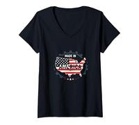 Fabriqué en Amérique, Drapeau Patriotique américain, Carte Industrielle T-Shirt avec Col en V, Femme, Noir, XXL