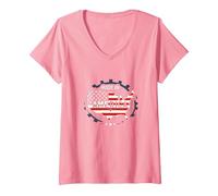 Fabriqué en Amérique, Drapeau Patriotique américain, Carte Industrielle T-Shirt avec Col en V, Femme, Rose, XXL