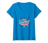 Fabriqué en Amérique, Drapeau Patriotique américain, Carte Industrielle T-Shirt avec Col en V, Femme, Saphir, M