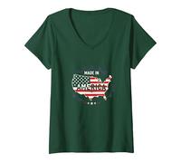 Fabriqué en Amérique, Drapeau Patriotique américain, Carte Industrielle T-Shirt avec Col en V, Femme, Vert Forêt, XL