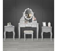 FABS Coiffeuse Hollywood grise avec miroir avec lumières LED, 5 tiroirs, tabouret rembourré et 2 tables d'appoint Sorrento - Vanity Makeup Set