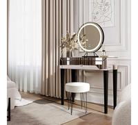 FABS Laguna Coiffeuse avec miroir et miroir LED Lillia à capteur tactile, 3 réglages de couleur, cadre noir et tabouret à bouclettes Alaya contemporain, commode de rangement pour bijoux, maquillage