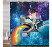 FABTOP Rideau de Douche Amusant 180 x 180 cm - Chat Cool, Requin 3D, Mer, Baleine - Étanche - 3 200 x 240 cm
