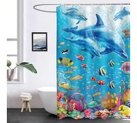 FABTOP Rideau de douche dauphin - 180 x 200 cm - 120 x 200 cm - 3D - Imperméable - Thème océan et dauphin - Bleu - En textile anti-moisissure - 7, 180 x 180 cm