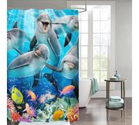 FABTOP Rideau de douche dauphin - 180 x 200 cm - 120 x 200 cm - 3D - Imperméable - Thème océan et dauphin - Bleu - En textile anti-moisissure - 1, 120 x 200 cm