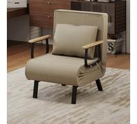 Fabulcozy Canapé Lit Convertible 3 en 1, Fauteuil Réglable 5 Positions, Housse Amovible Lin-Coton, Coussin Épais, Pieds Métal Trapèze Incliné, Accoudoirs en Bois et Métal, pour Salon/Bureau,Kaki