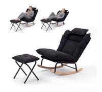 Fabulcozy Fauteuil à Bascule Réglable 3 Positions (90-120°), en Velours Côtelé avec Repose-Pieds Pliable et Coussin, Structure Métal et Pieds Bois d'Hévéa, pour Salon, Chambre,Allaitement,Noir