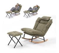 Fabulcozy Fauteuil à Bascule Réglable 3 Positions (90-120°), en Velours Côtelé avec Repose-Pieds Pliable et Coussin, Structure Métal et Pieds Bois d'Hévéa, pour Salon, Chambre,Allaitement,Vert