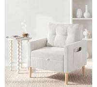 Fabulcozy,Fauteuil Velours Côtelé avec Rangement sous l'Assise, Poche Latérale et Sangle de Levage, Pieds Cylindriques en Bois de Chêne Massif, Coussin Inclus, pour Salon, Chambre,Blanc