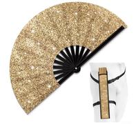 FABULETTA Grand éventail pliable à paillettes avec étui de ceinture - 35 x 65 cm - Portable - Pour les clubs d'Edm, les réunions en plein air et l'utilisation quotidienne - Doré
