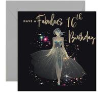 Fabuleuse carte d'anniversaire 16 ans pour filles - Fabuleuse carte d'anniversaire pour elle - Motif robe à paillettes en feuille d'or - Carte d'anniversaire scintillante pour fille, petite-fille