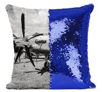 Fabulous Coussin avec Housse Sequin - Paillettes Bleu Avion à hélice Photo Noir et Blanc [40 x 40 cm] Bleu G