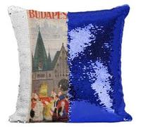 Fabulous Coussin avec Housse Sequin - Paillettes Bleu Budapest Hongrie Affiche Vintage [40 x 40 cm] Bleu G