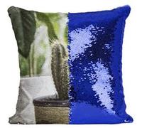 Fabulous Coussin avec Housse Sequin - Paillettes Bleu Cactus En Pot Cactus Colonaire [40 x 40 cm] Bleu G