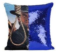 Fabulous Coussin avec Housse Sequin - Paillettes Bleu Clint Eastwood Cowboy 1 [40 x 40 cm] Bleu G