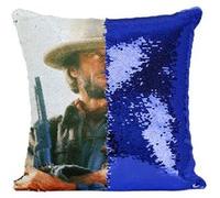 Fabulous Coussin avec Housse Sequin - Paillettes Bleu Clint Eastwood Cowboy 4 [40 x 40 cm] Bleu G