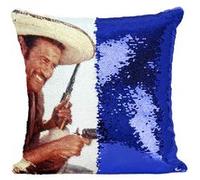 Fabulous Coussin avec Housse Sequin - Paillettes Bleu Clint Eastwood Cowboy 6 [40 x 40 cm] Bleu G