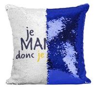 Fabulous Coussin avec Housse Sequin - Paillettes Bleu Je Mange donc je Suis [40 x 40 cm] Bleu G