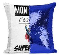 Fabulous Coussin avec Housse Sequin - Paillettes Bleu Mon Papa Est Un Superman [40 x 40 cm] Bleu