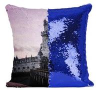 Fabulous Coussin avec Housse Sequin - Paillettes Bleu Soleil Couchant sur la Tour de Belem Lisbonne [40 x 40 cm] Bleu G
