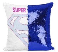 Fabulous Coussin avec Housse Sequin - Paillettes Bleu Super Maman Bleu Logo Super Héros [40 x 40 cm] Bleu G