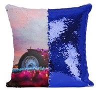 Fabulous Coussin avec Housse Sequin - Paillettes Bleu Tracteur Agricole dans un Champ de Tulipe [40 x 40 cm] Bleu G