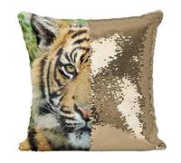 Fabulous Coussin avec Housse Sequin - Paillettes Doré Gros Plan Tete de Tigre de Face Vie Sauvage Animal Asie