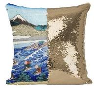 Fabulous Coussin avec Housse Sequin - Paillettes Doré Hokusai Estampe Mont Fuji Depuis Kanaya [40 x 40 cm] Doré G