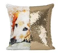 Fabulous Coussin avec Housse Sequin - Paillettes Doré Labrador Blanc Peinture Gros Chien Chill Mignon Relax Art