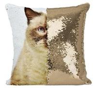 Fabulous Coussin avec Housse Sequin - Paillettes Doré Portrait Magnifique Chat Siamois Persan [40 x 40 cm] Doré G