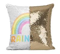 Fabulous Coussin avec Housse Sequin - Paillettes Doré Rainbow Style Aquarelle Illustration Arc en Ciel