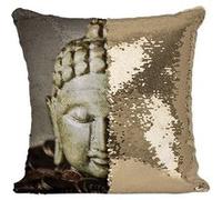 Fabulous Coussin avec Housse Sequin - Paillettes Doré Sculpture Tête de Bouddha en Pierre Style Japonnais [40 x 40 cm] Doré G