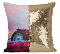 Fabulous Coussin avec Housse Sequin - Paillettes Doré Tracteur Agricole dans un Champ de Tulipe [40 x 40 cm] Doré G