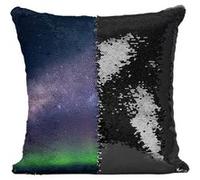 Fabulous Coussin avec Housse Sequin - Paillettes Noir Aurore Boréale Verte devant la Voie Lactée [40 x 40 cm] Noir G