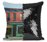 Fabulous Coussin avec Housse Sequin - Paillettes Noir Early Sunday Morning Edward Hopper [40 x 40 cm] Noir G