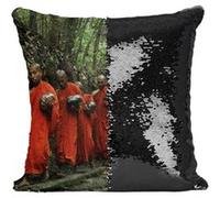 Fabulous Coussin avec Housse Sequin - Paillettes Noir Procession de Moines Bouddhiste dans la Foret [40 x 40 cm] Noir G