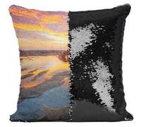 Fabulous Coussin avec Housse Sequin - Paillettes Noir Soleil Couchant sur une Plage à Marée Basse [40 x 40 cm] Noir G