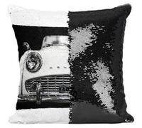 Fabulous Coussin avec Housse Sequin - Paillettes Noir Voiture Triumph Vintage Noir et Blanc [40 x 40 cm] Noir G