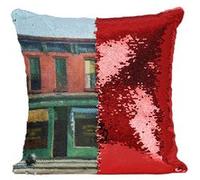 Fabulous Coussin avec Housse Sequin - Paillettes Rouge Early Sunday Morning Edward Hopper [40 x 40 cm] Rouge G