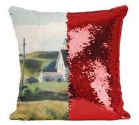 Fabulous Coussin avec Housse Sequin - Paillettes Rouge Hill And Houses Edward Hopper [40 x 40 cm] Rouge G