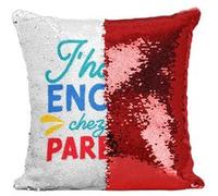 Fabulous Coussin avec Housse Sequin - Paillettes Rouge J'habite Encore Chez Mes Parents [40 x 40 cm] Rouge G