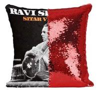 Fabulous Coussin avec Housse Sequin - Paillettes Rouge Ravi Shankar Sitar Virtuoso [40 x 40 cm] Rouge G