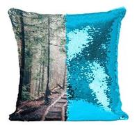 Fabulous Coussin avec Housse Sequin - Paillettes Turquoise Chemin de Rondins Dans une Foret de Pin [40 x 40 cm] Turquoise G