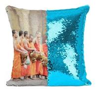 Fabulous Coussin avec Housse Sequin - Paillettes Turquoise Femme Rend Hommage a des Moines Laos [40 x 40 cm] Turquoise G