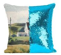 Fabulous Coussin avec Housse Sequin - Paillettes Turquoise Hill And Houses Edward Hopper [40 x 40 cm] Turquoise G